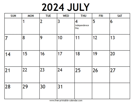 july 2024 calendar With US holidays