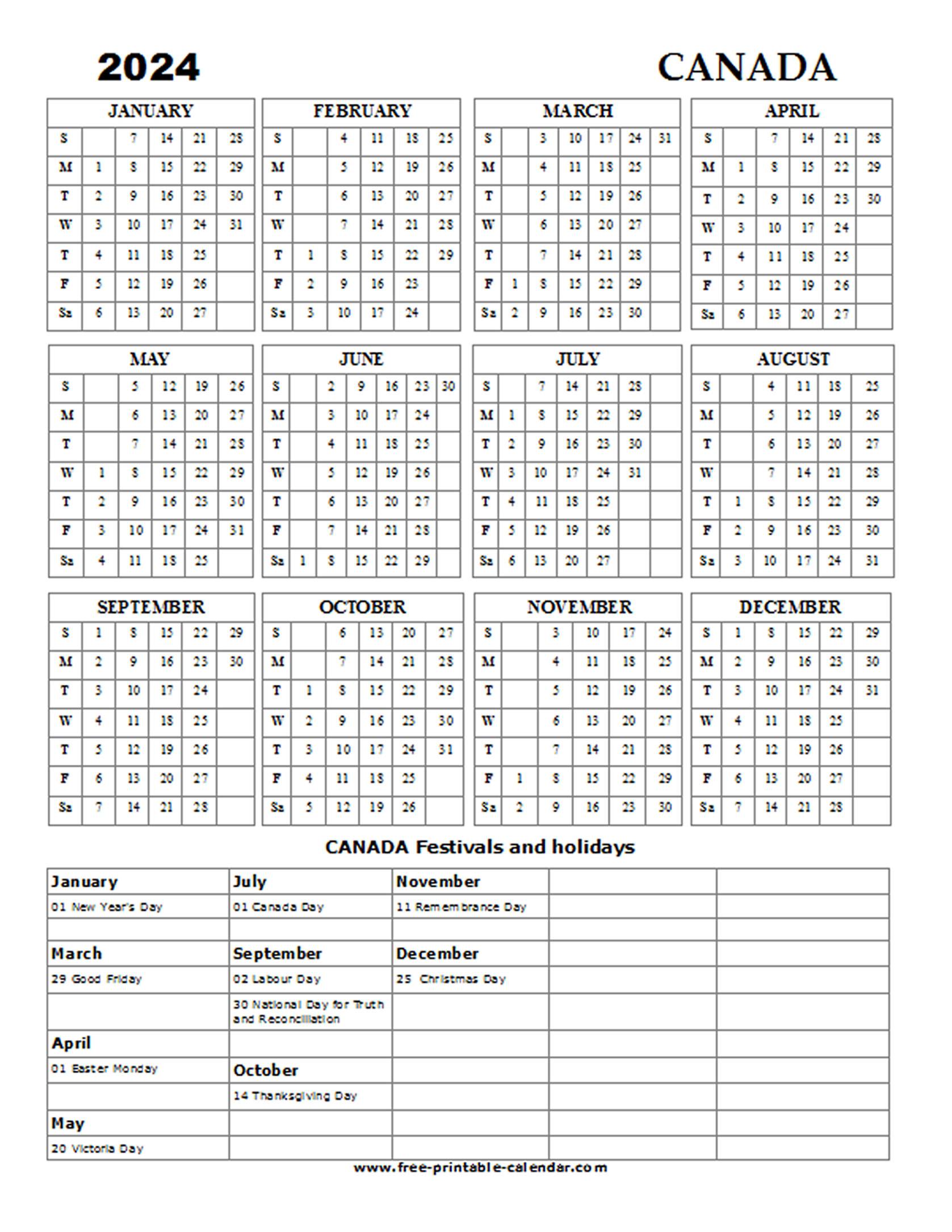 2024 Canada Holiday Calendar Free printable calendar