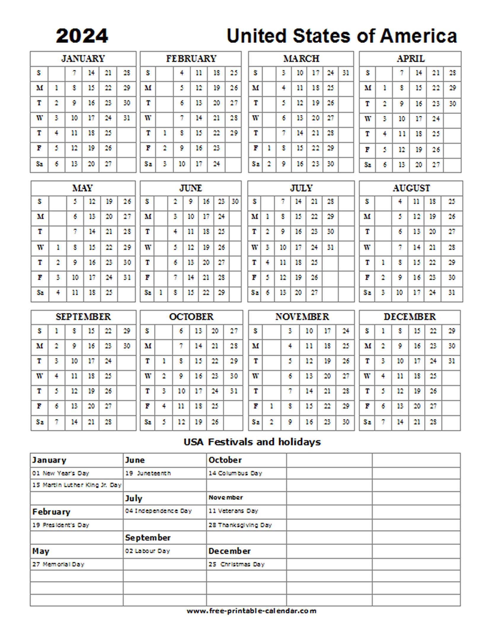 2024 US Holiday Calendar Free printable calendar