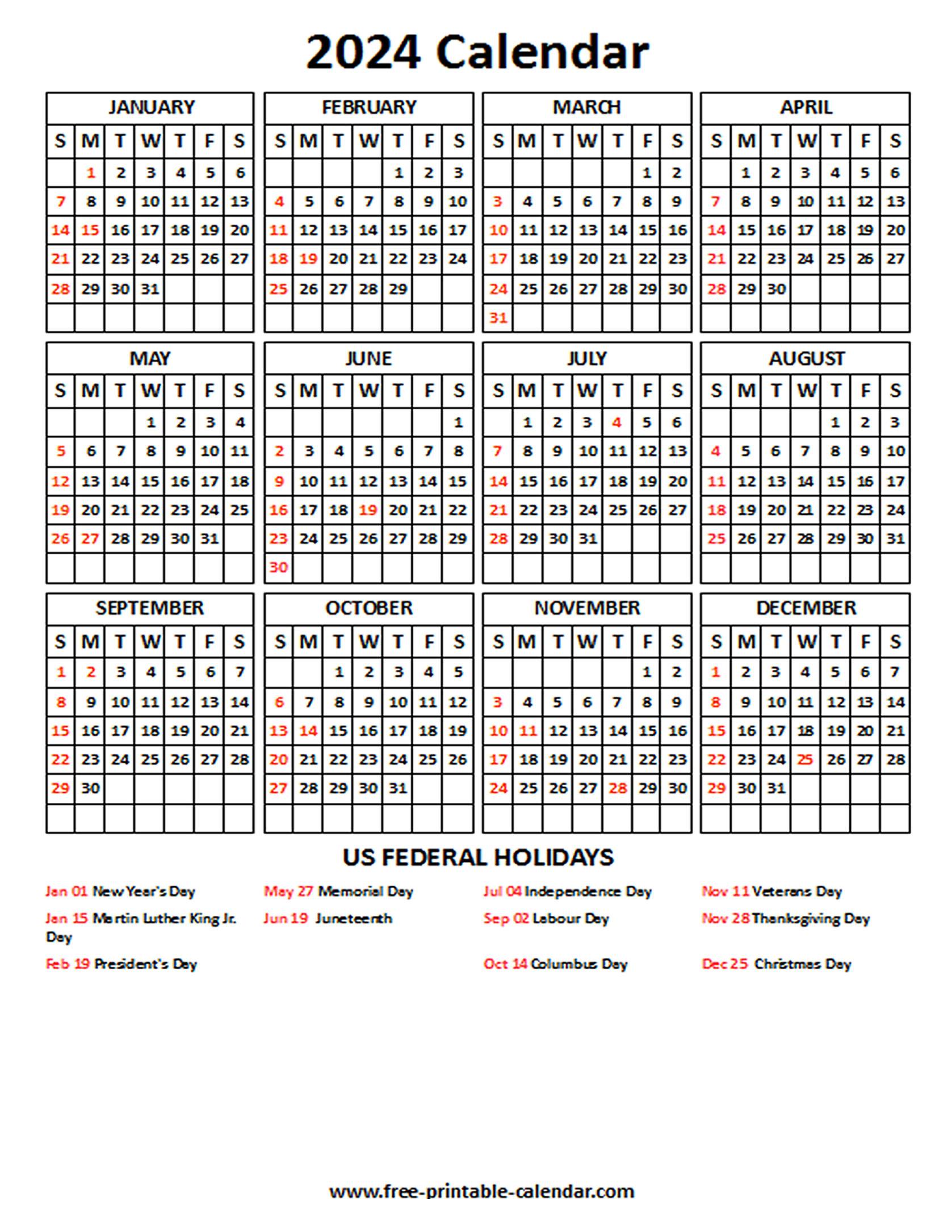 2024 Calendar With US Holidays Free printable calendar