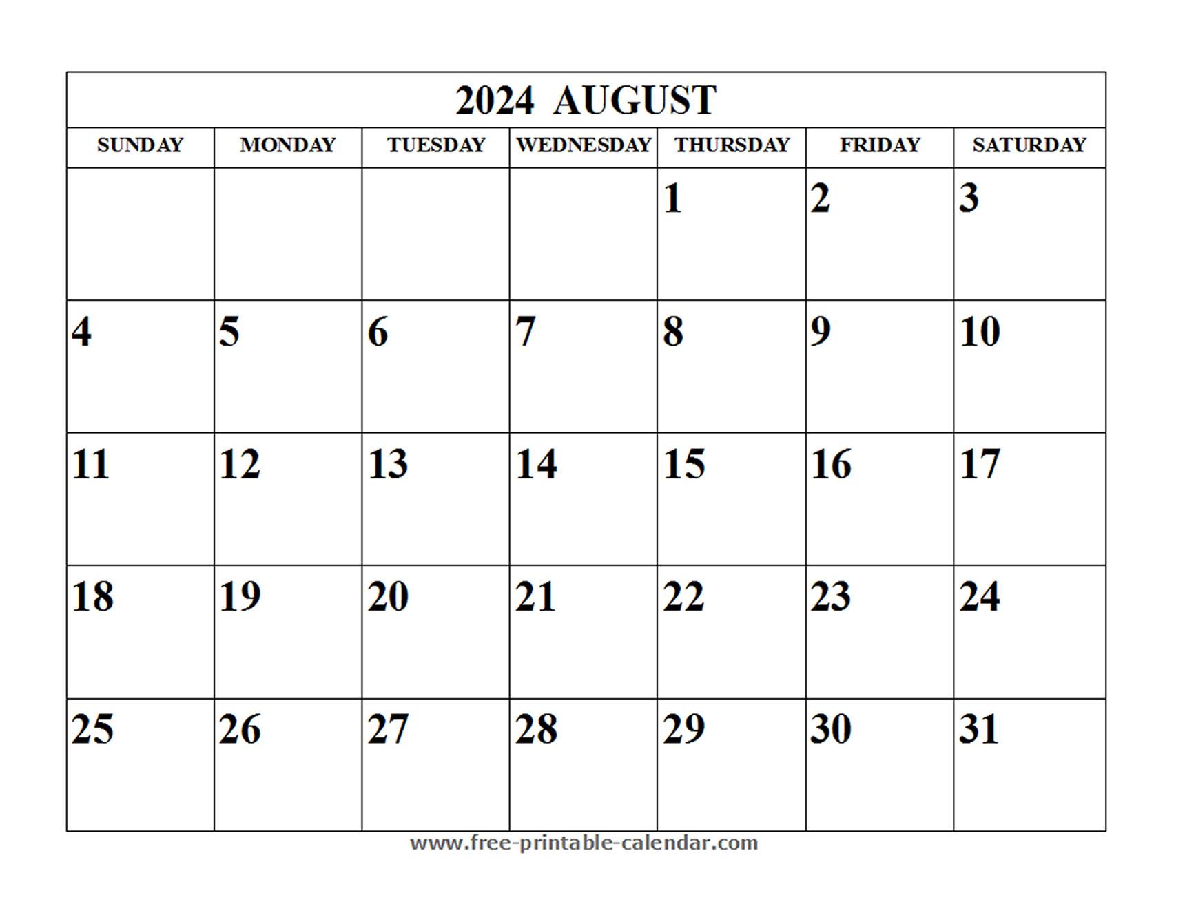 Blank August 2024 Calendar