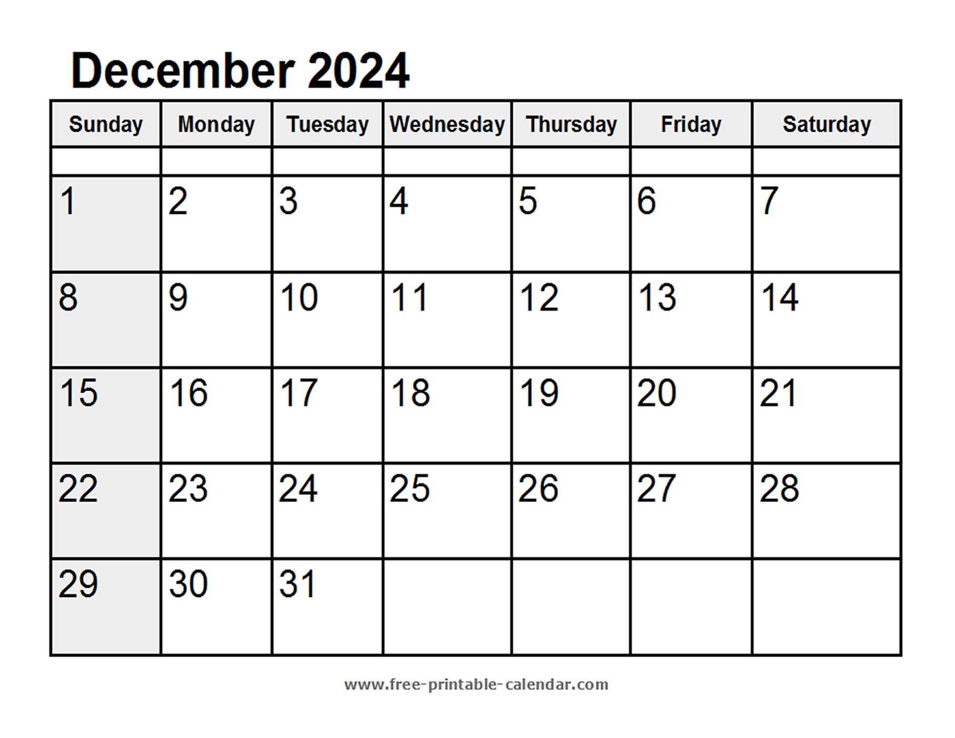 Calendar December 2024 - Free-printable-calendar.com