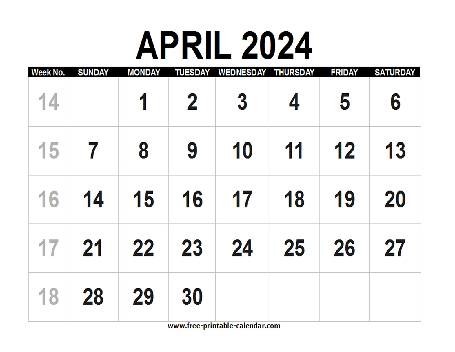 Blank Calendar 2024 April Free printable calendar