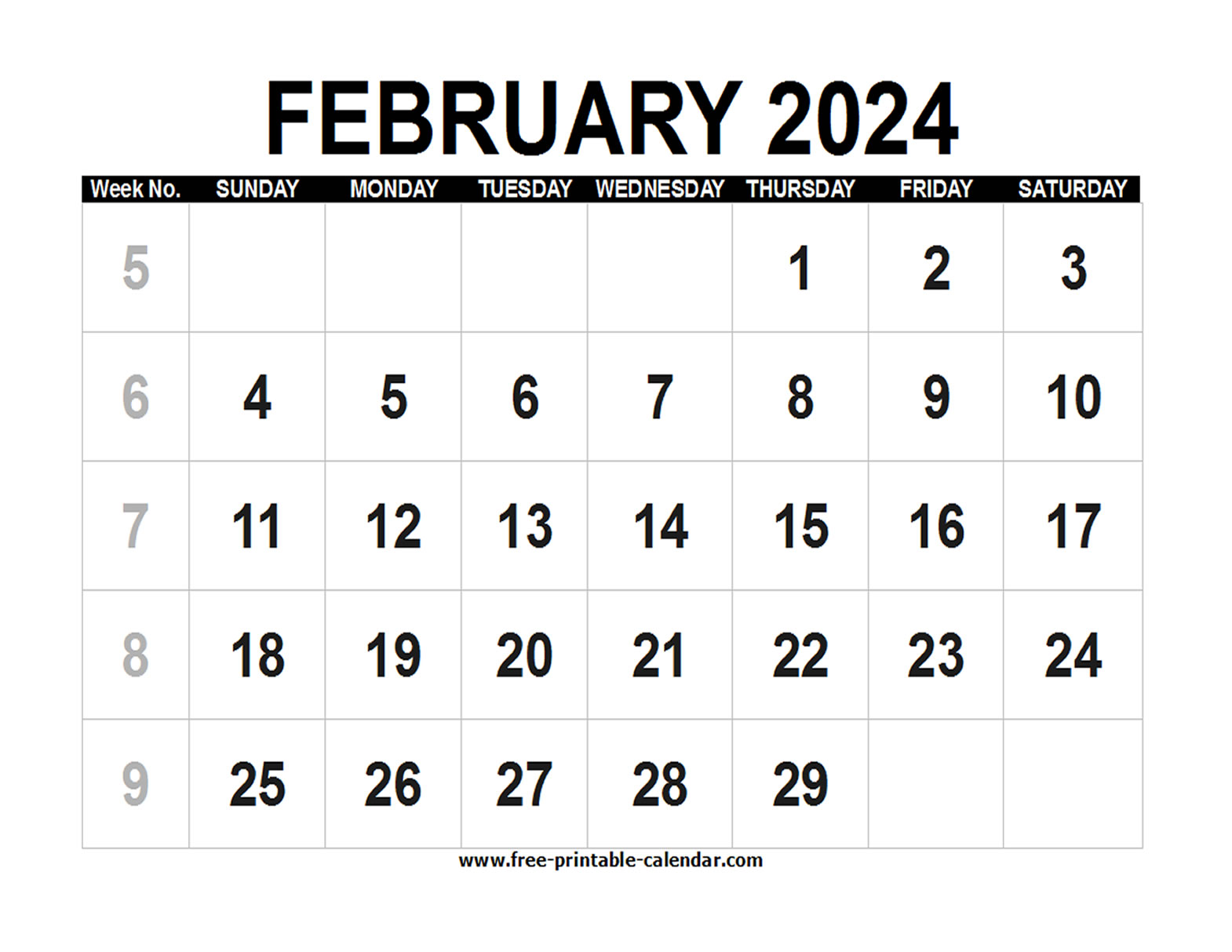 Blank Calendar 2024 February Free printable calendar