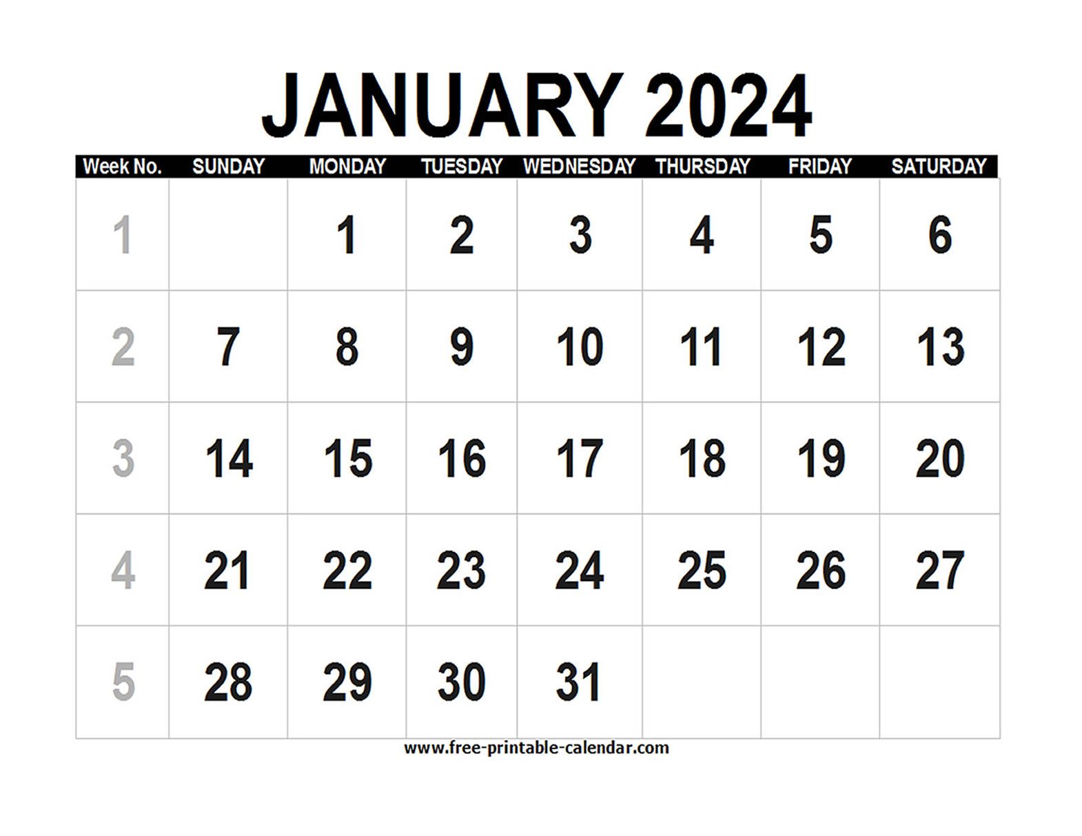 Blank Calendar 2024 January Free Printable