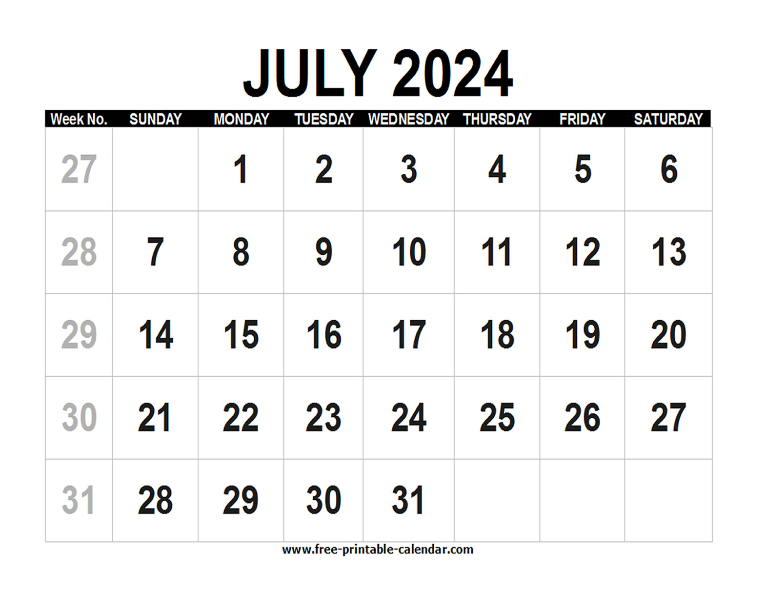 Blank Calendar 2024 July Free printable calendar