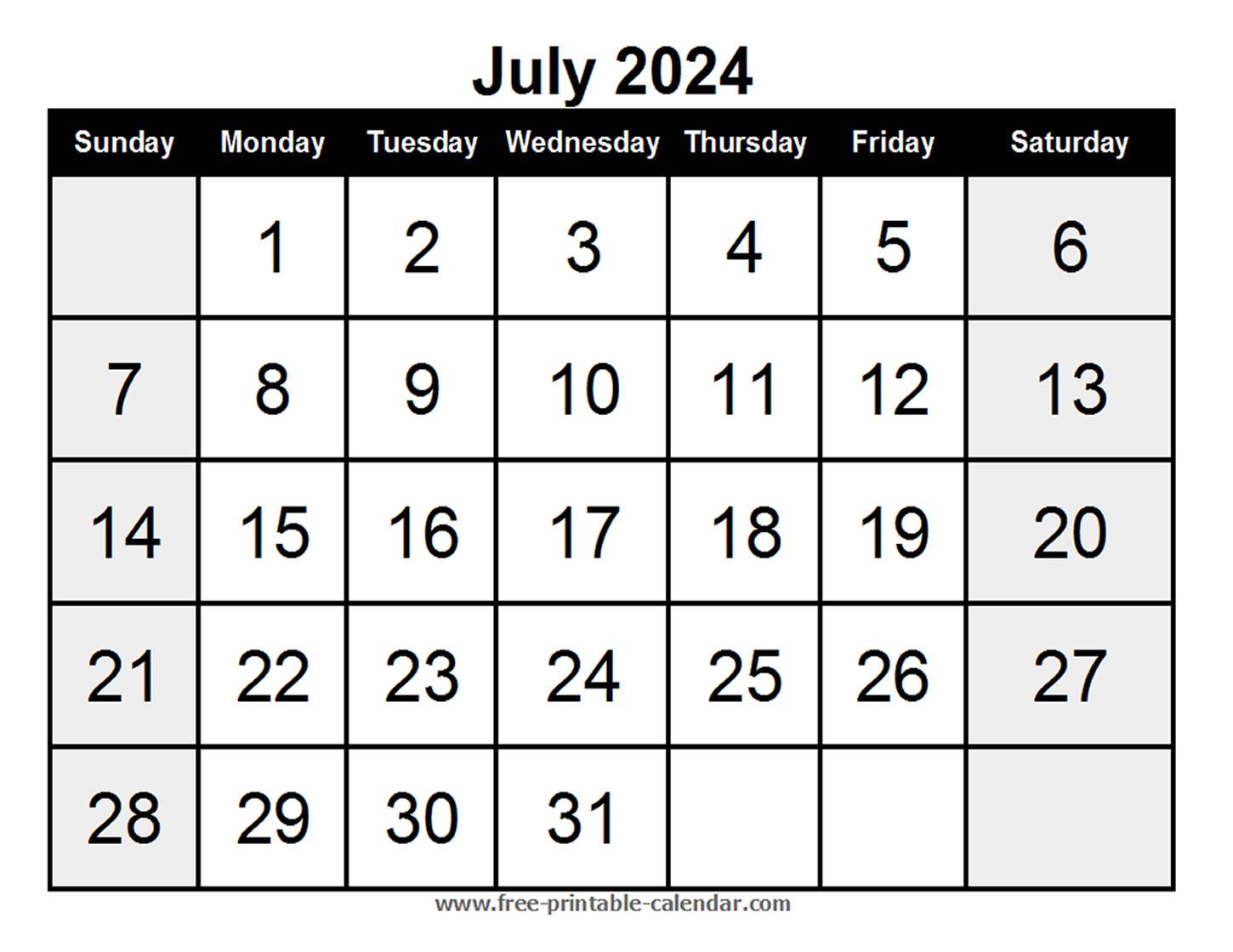 Blank Calendar July 2024