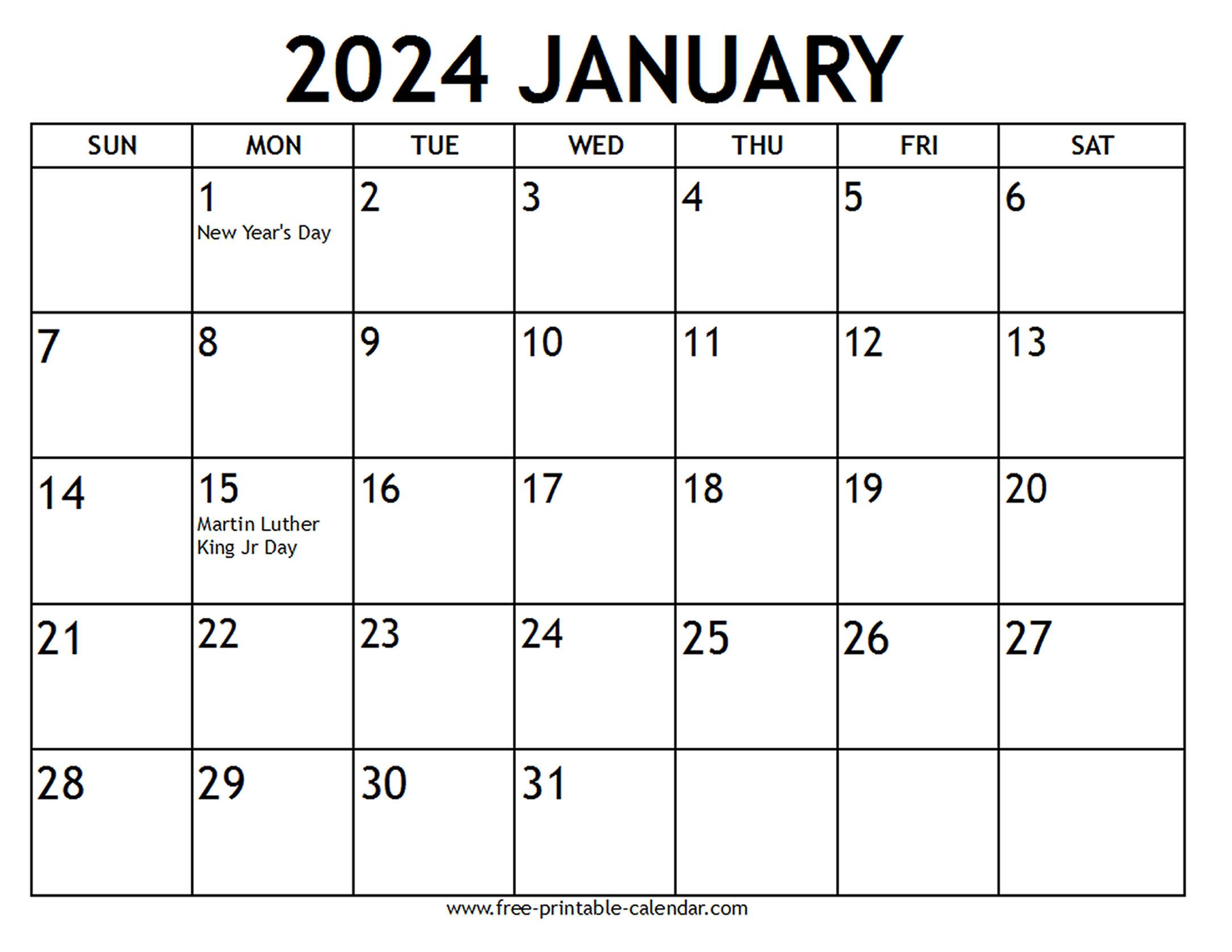 January 2024 Calendar US Holidays 