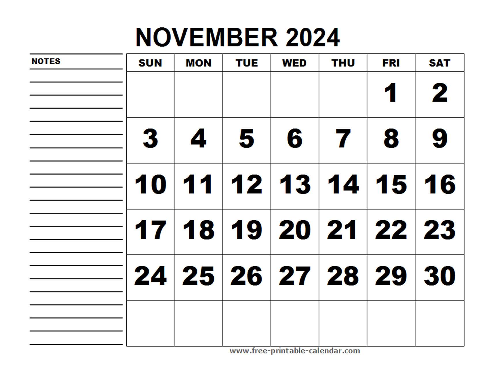 Printable Calendar November 2024 - Free-printable-calendar.com