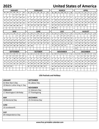 2025 United States of America holiday calendar