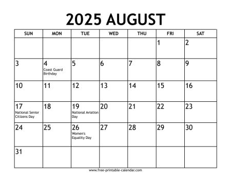 august 2025 calendar With US holidays