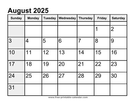 calendar august 2025