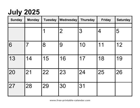 calendar july 2025