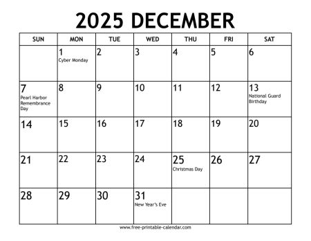 december 2025 calendar With US holidays