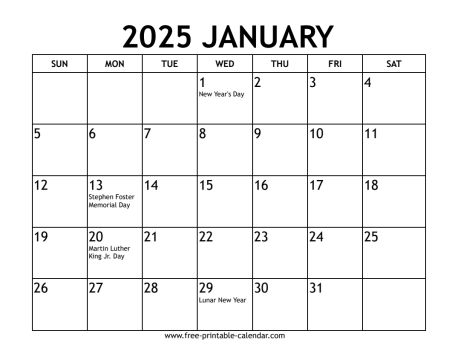 january 2025 calendar With US holidays