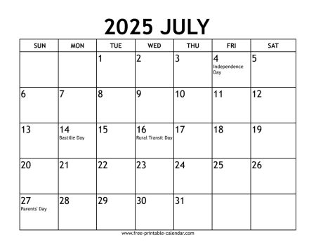 july 2025 calendar With US holidays