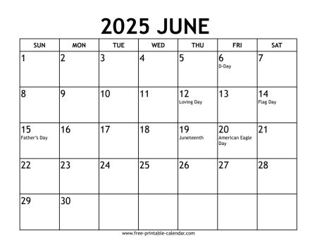 june 2025 calendar With US holidays