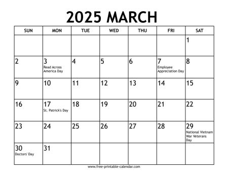 march 2025 calendar With US holidays