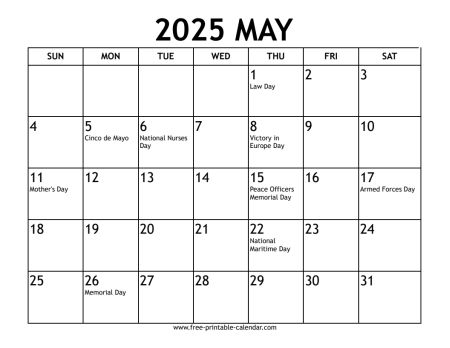 may 2025 calendar With US holidays