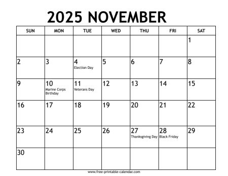 november 2025 calendar With US holidays