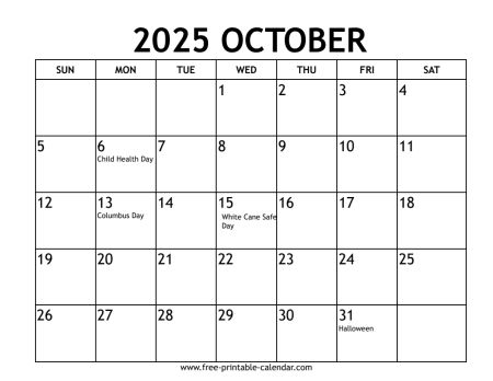 october 2025 calendar With US holidays