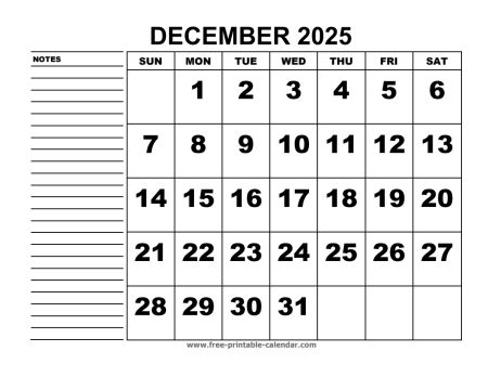 printable calendar december 2025