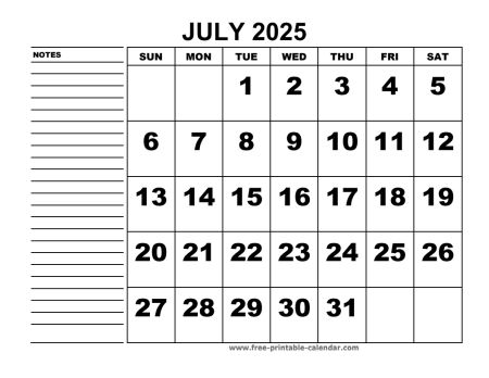 printable calendar july 2025