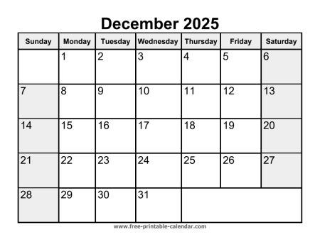 printable december 2025 calendar