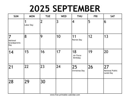 september 2025 calendar With US holidays