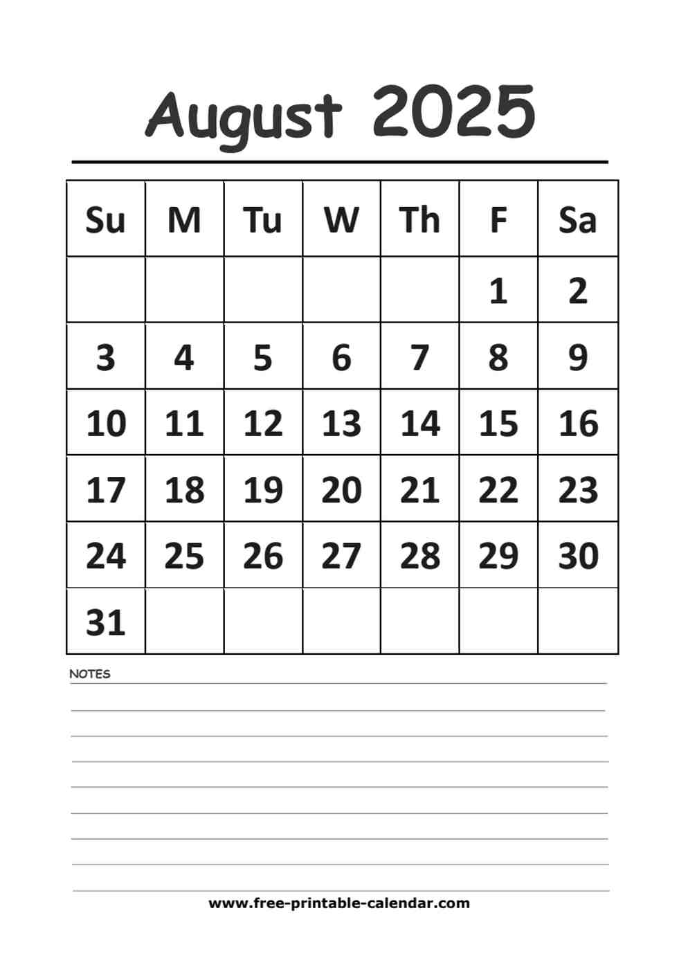 2025 calendar august printable