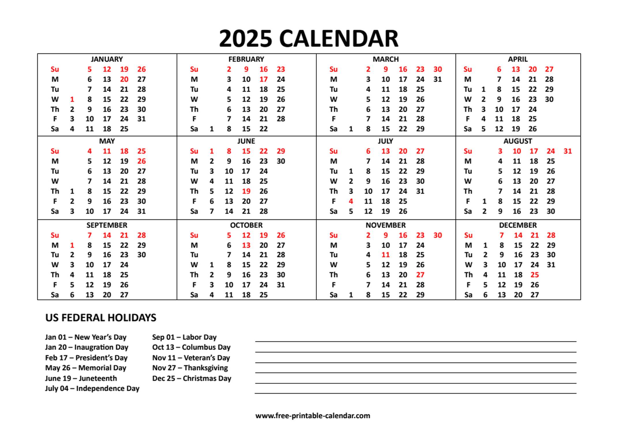 2025 calendar