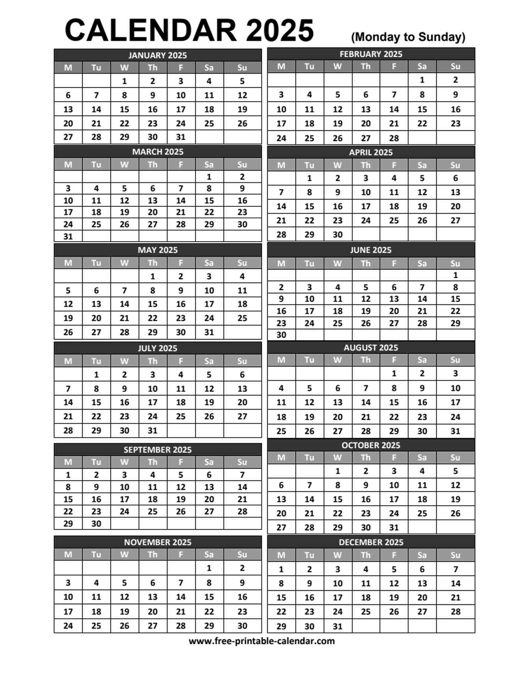 2025 printable calendar