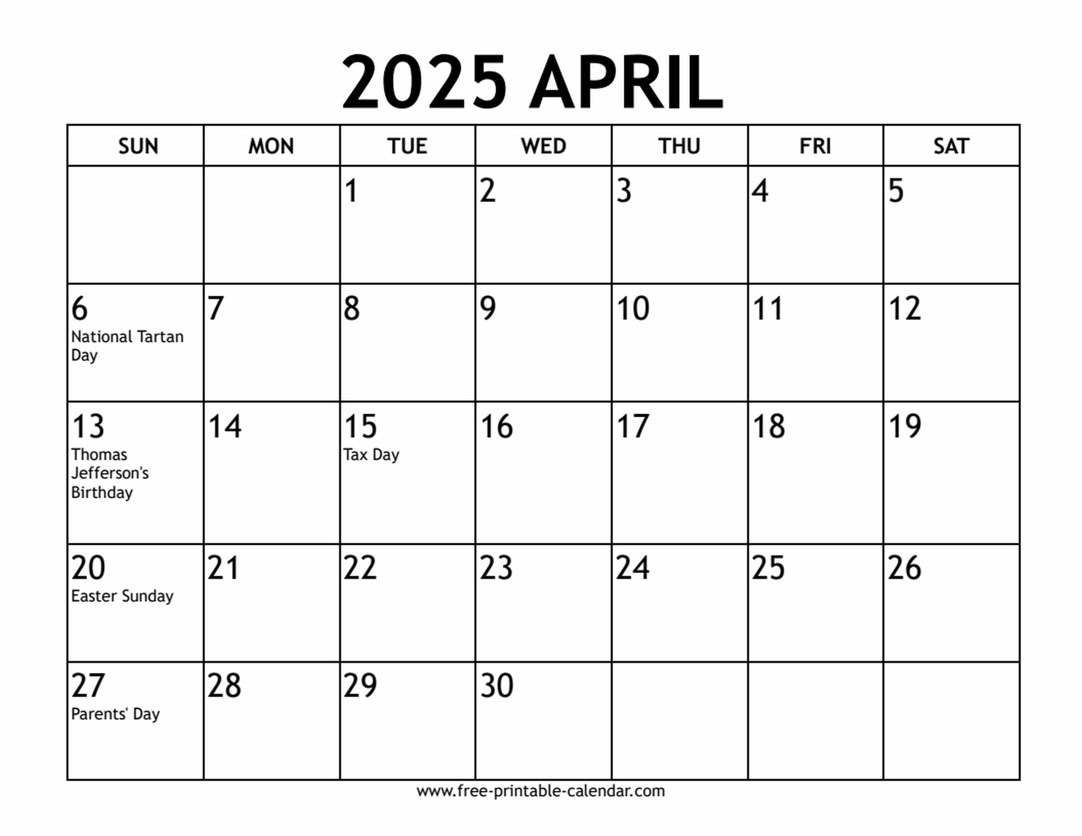 april 2025 calendar US holidays