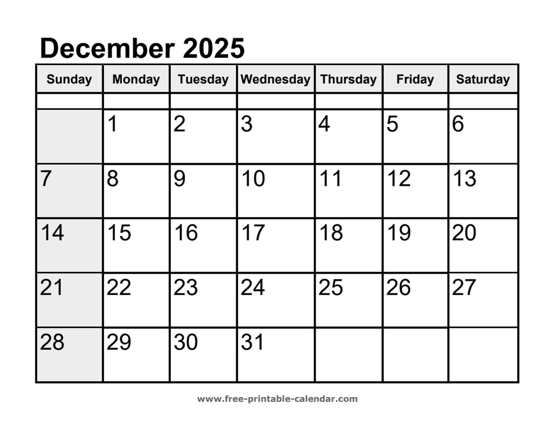 calendar december 2025