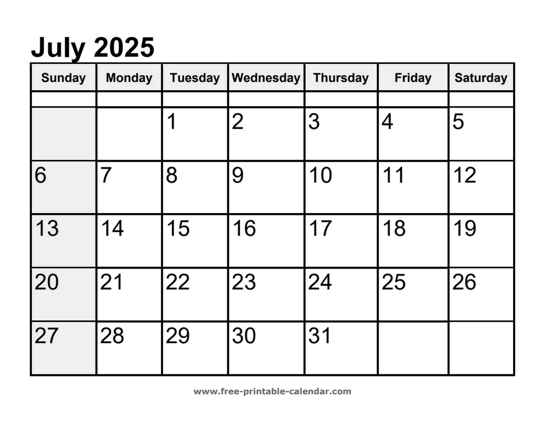 calendar july 2025