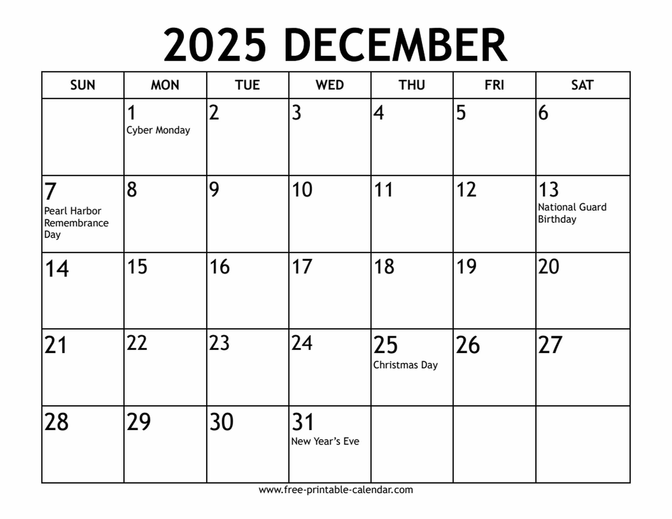 december 2025 calendar US holidays