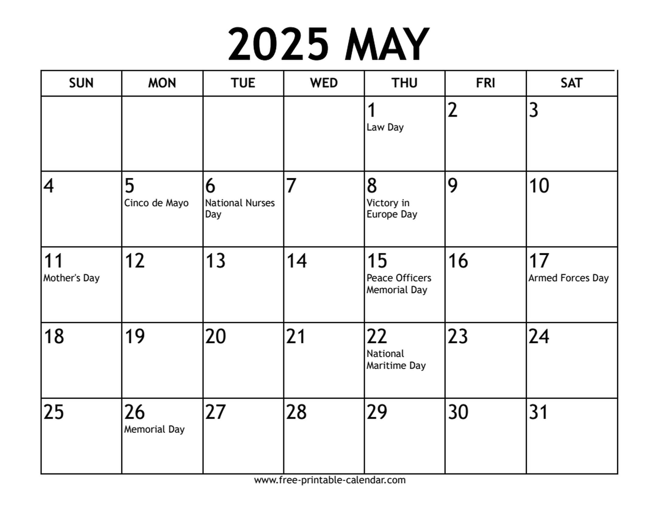 may 2025 calendar US holidays