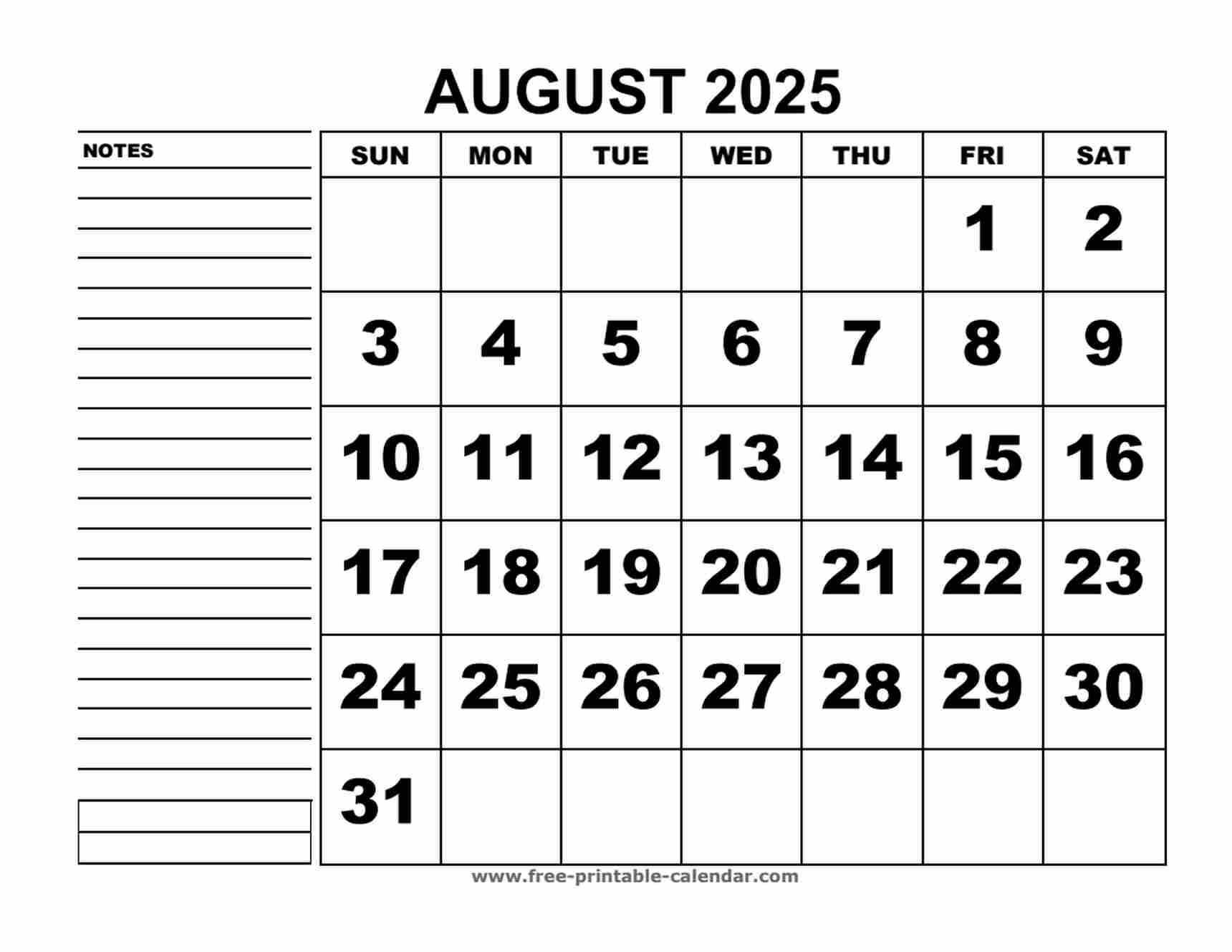 printable calendar august 2025