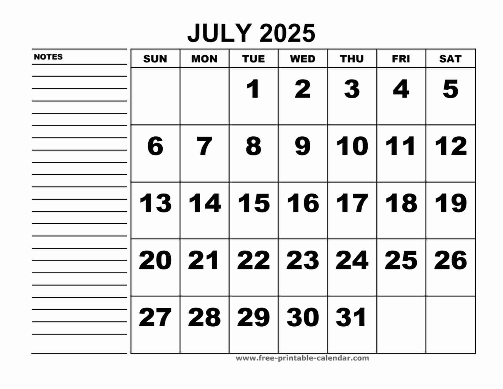 printable calendar july 2025