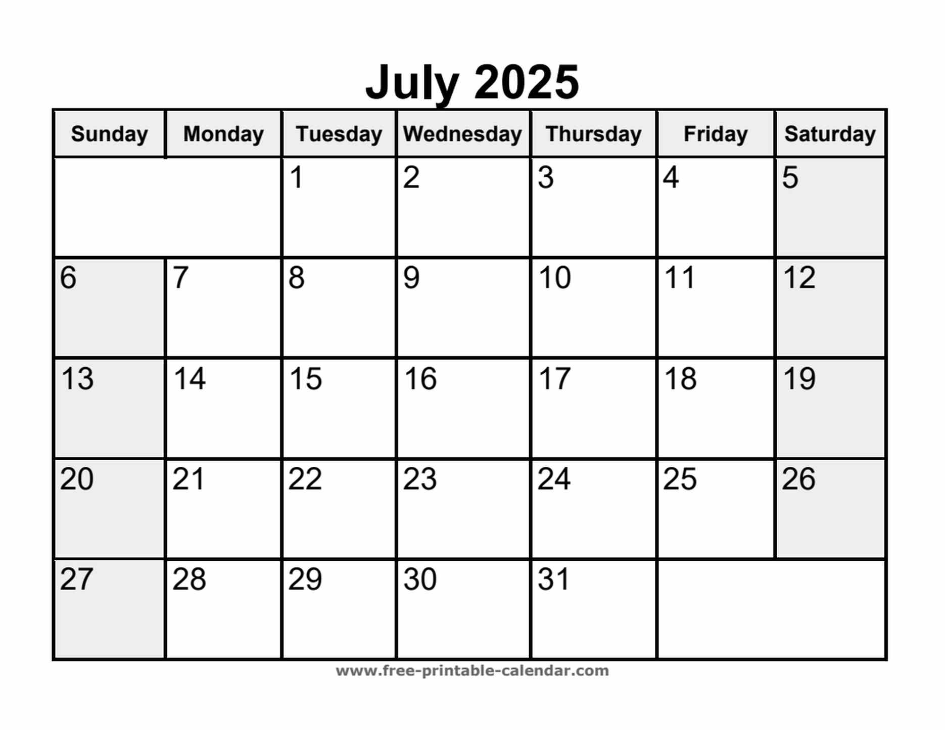 printable july 2025 calendar