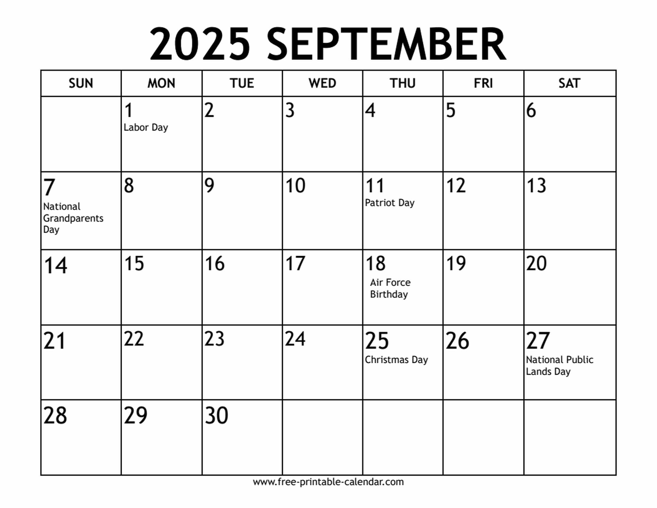 september 2025 calendar US holidays